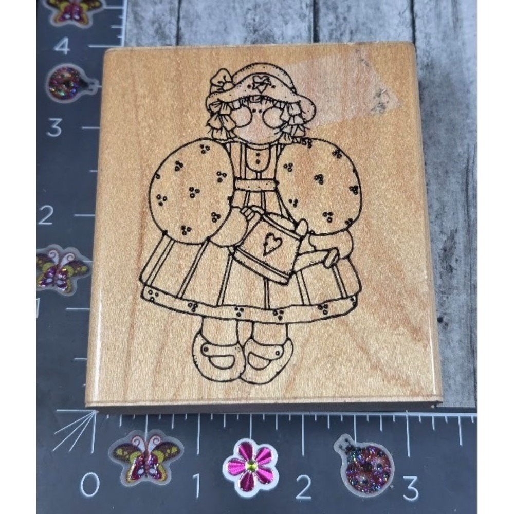 Dots Ashley Garden Girl Folk Art Lady Woman Rubber Stamp Wood #K63
